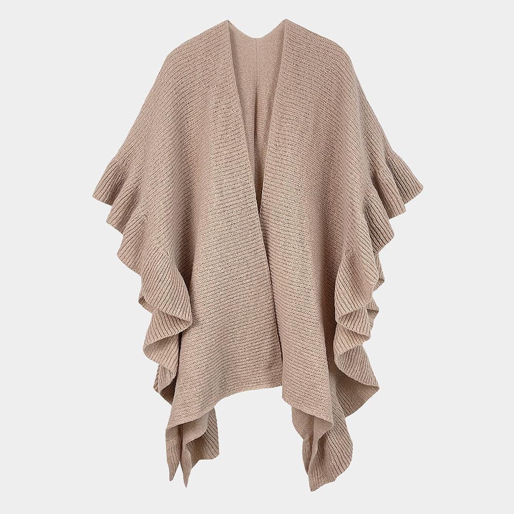 Beige Reversible Ruffle Sleeves Knit Ruana Poncho - Jewelry Store by Erik Rayo