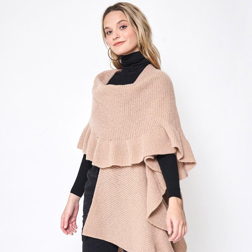 Beige Reversible Ruffle Sleeves Knit Ruana Poncho - Jewelry Store by Erik Rayo
