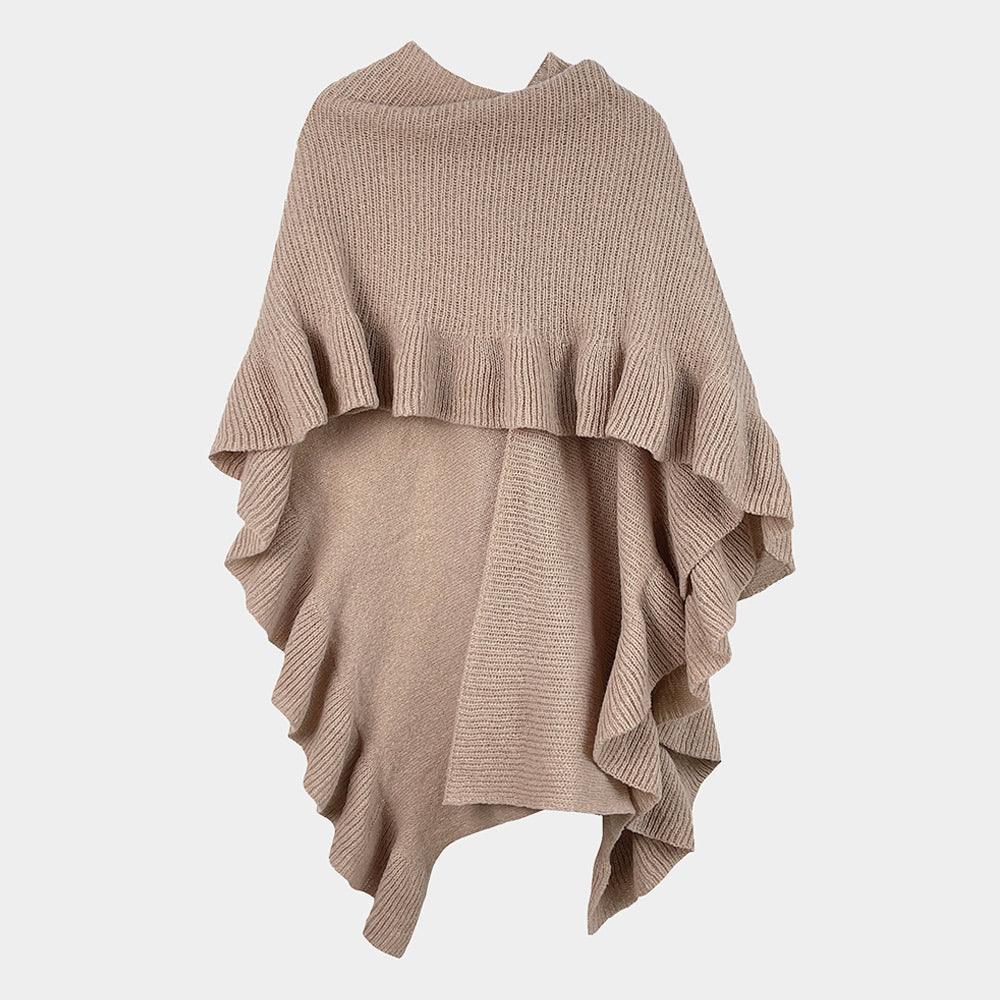 Beige Reversible Ruffle Sleeves Knit Ruana Poncho - Jewelry Store by Erik Rayo