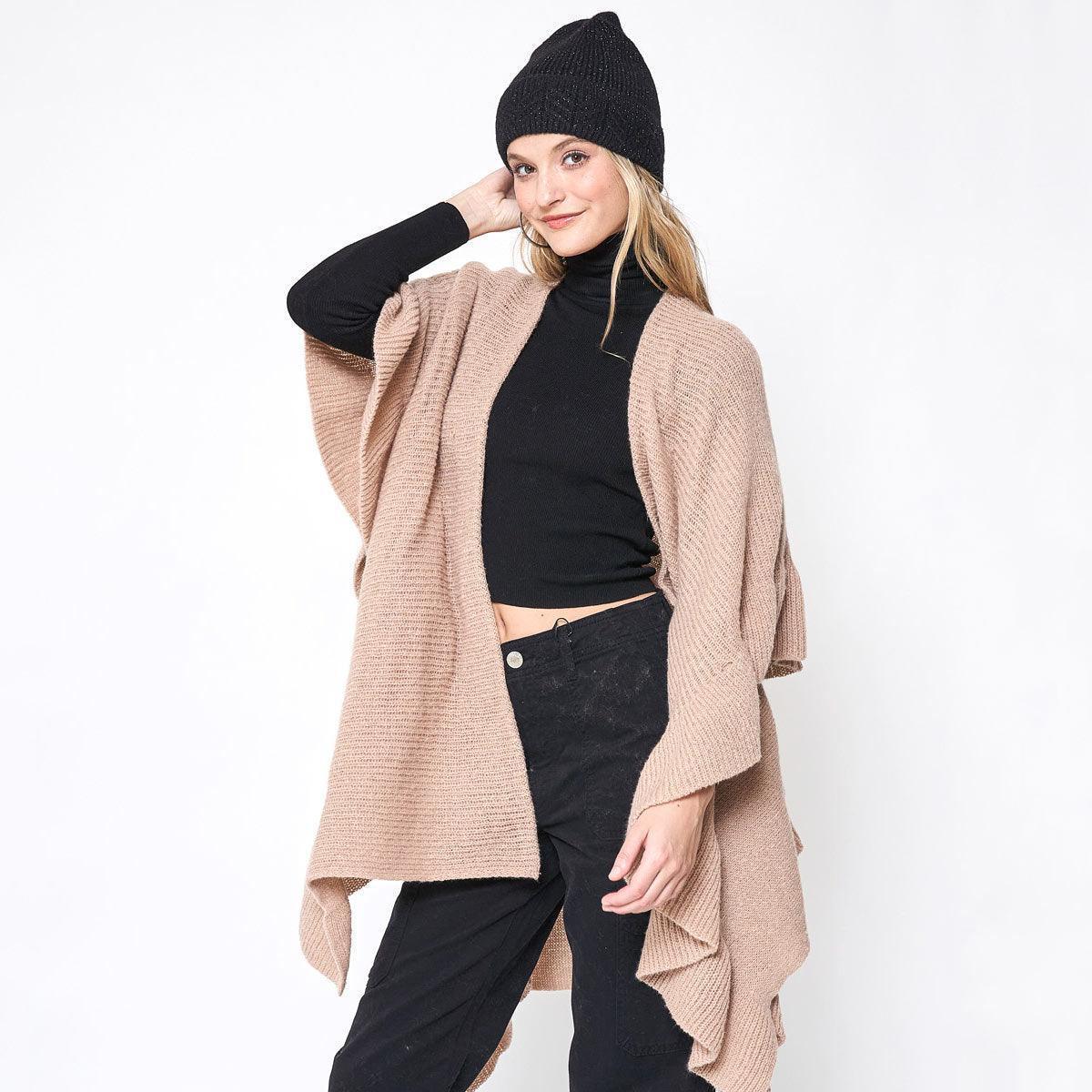 Beige Reversible Ruffle Sleeves Knit Ruana Poncho - Jewelry Store by Erik Rayo