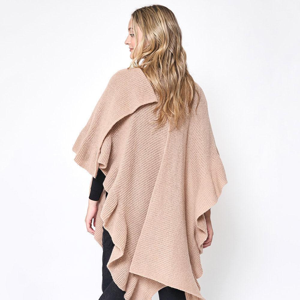 Beige Reversible Ruffle Sleeves Knit Ruana Poncho - Jewelry Store by Erik Rayo