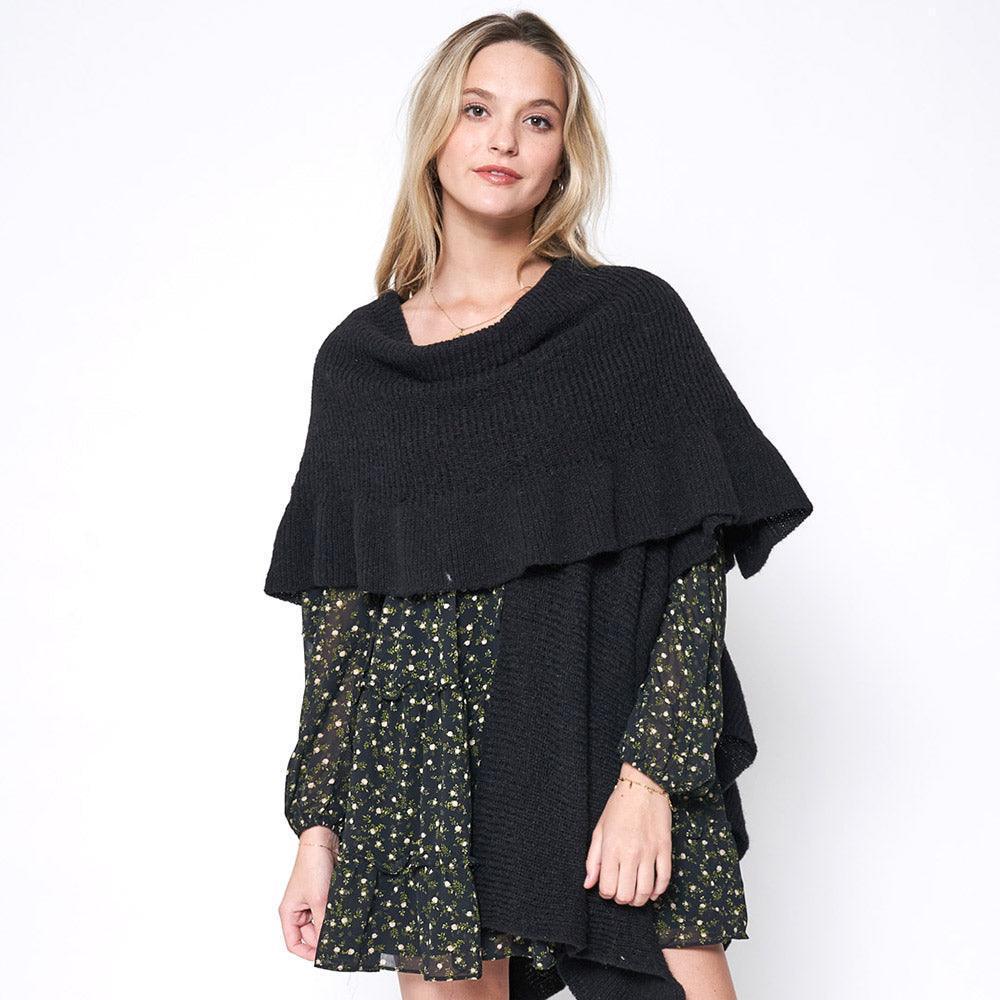 Black Reversible Ruffle Sleeves Knit Ruana Poncho - Jewelry Store by Erik Rayo