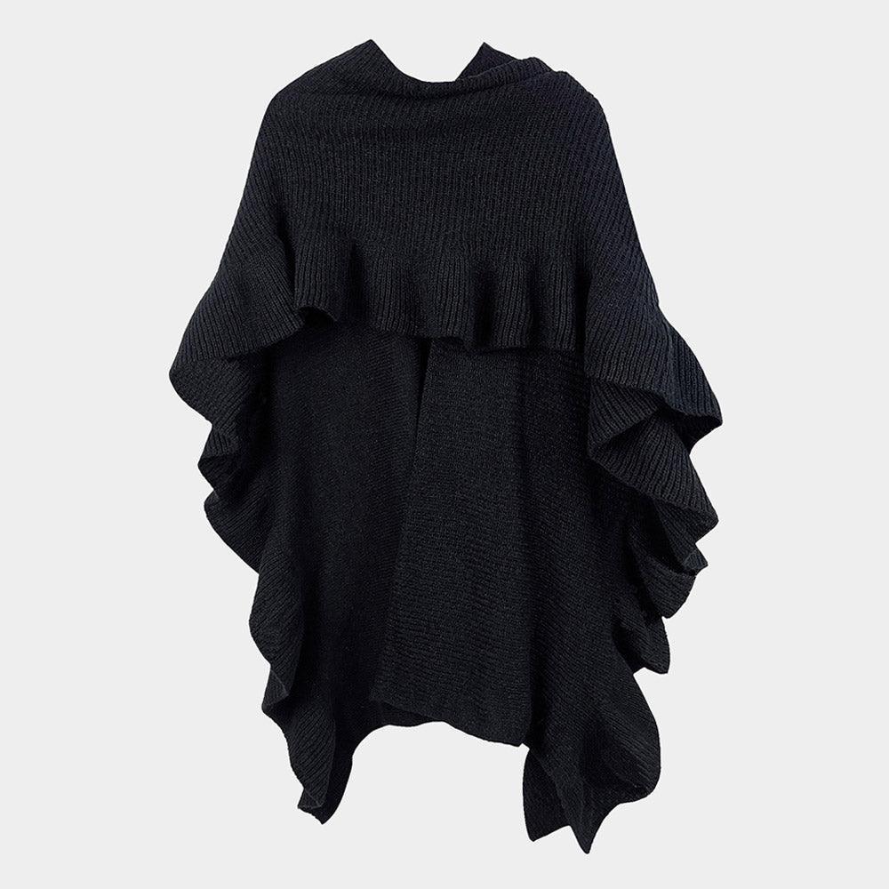 Black Reversible Ruffle Sleeves Knit Ruana Poncho - Jewelry Store by Erik Rayo