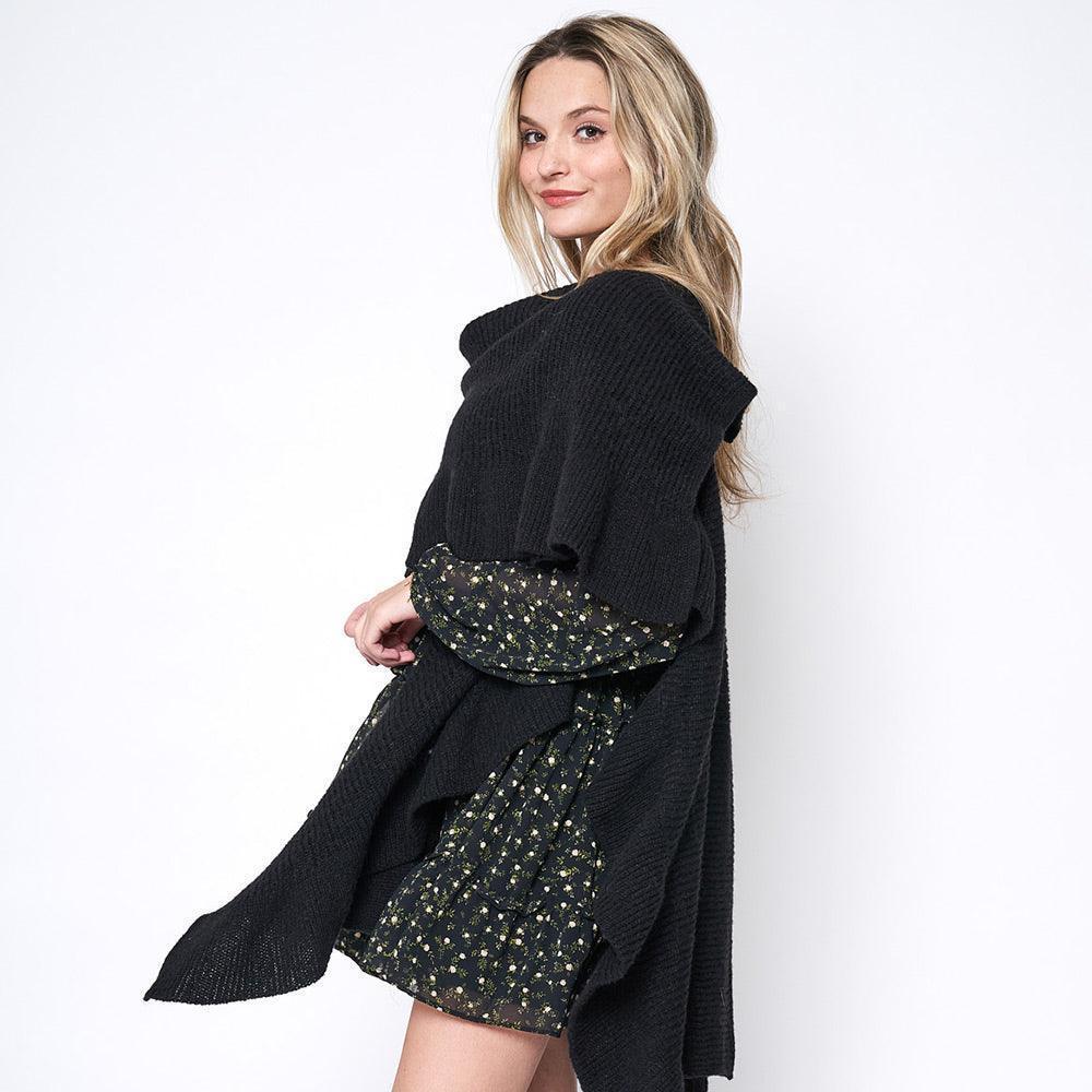 Black Reversible Ruffle Sleeves Knit Ruana Poncho - Jewelry Store by Erik Rayo