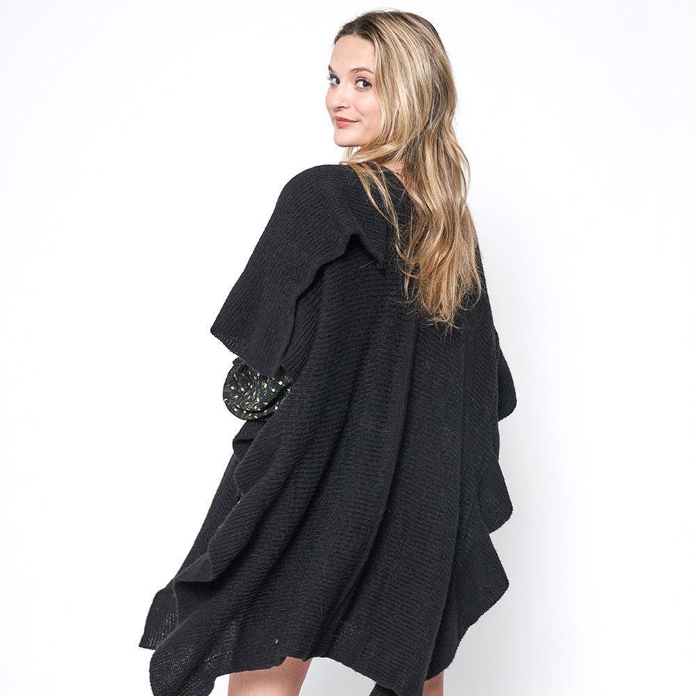 Black Reversible Ruffle Sleeves Knit Ruana Poncho - Jewelry Store by Erik Rayo