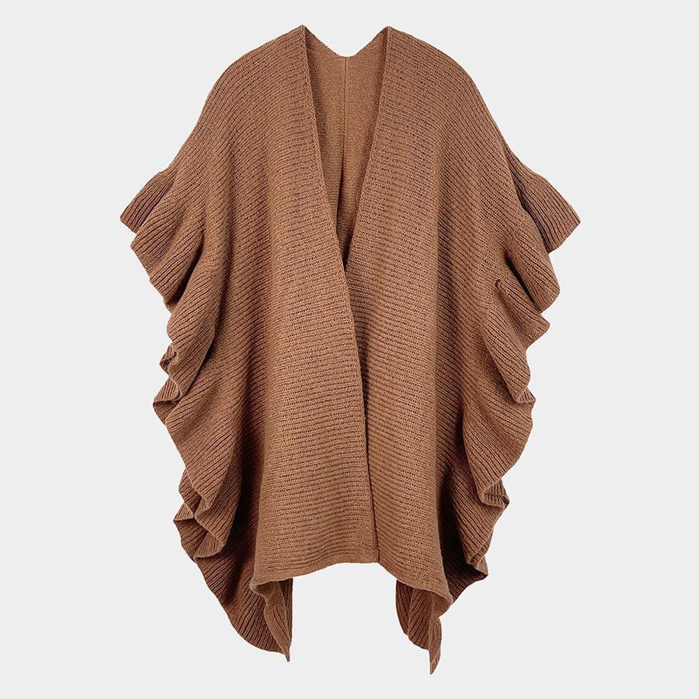 Brown Reversible Ruffle Sleeves Knit Ruana Poncho - Jewelry Store by Erik Rayo
