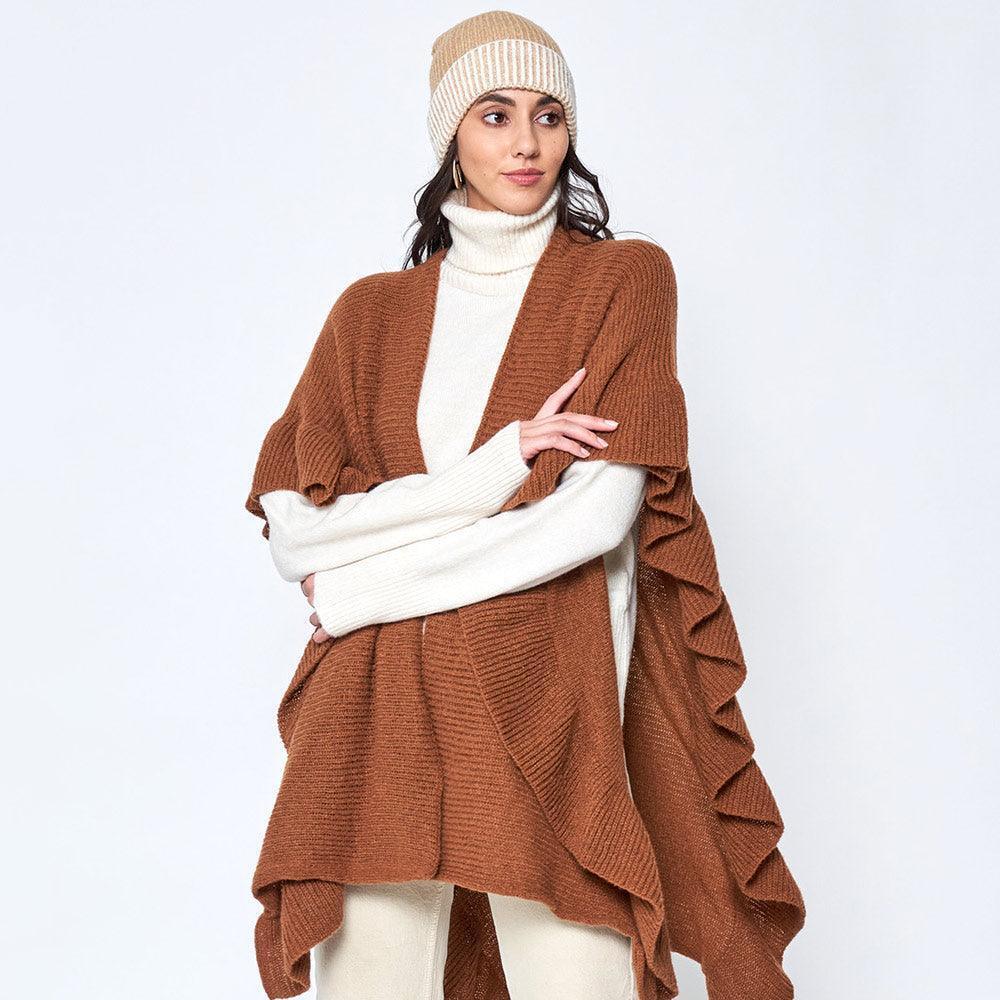 Brown Reversible Ruffle Sleeves Knit Ruana Poncho - Jewelry Store by Erik Rayo