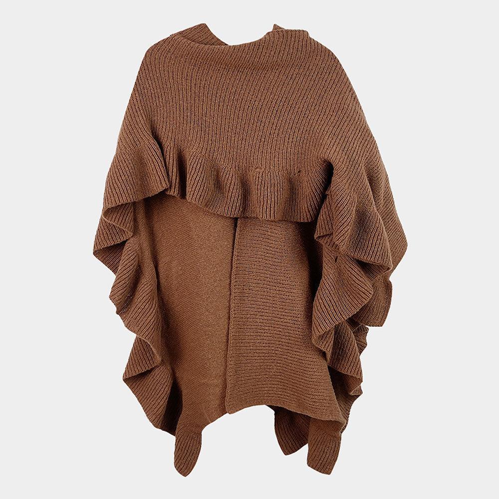 Brown Reversible Ruffle Sleeves Knit Ruana Poncho - Jewelry Store by Erik Rayo