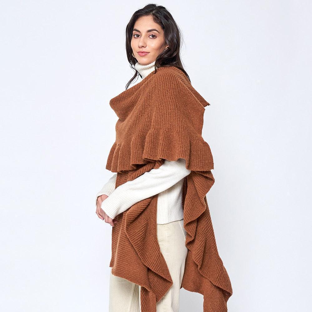 Brown Reversible Ruffle Sleeves Knit Ruana Poncho - Jewelry Store by Erik Rayo