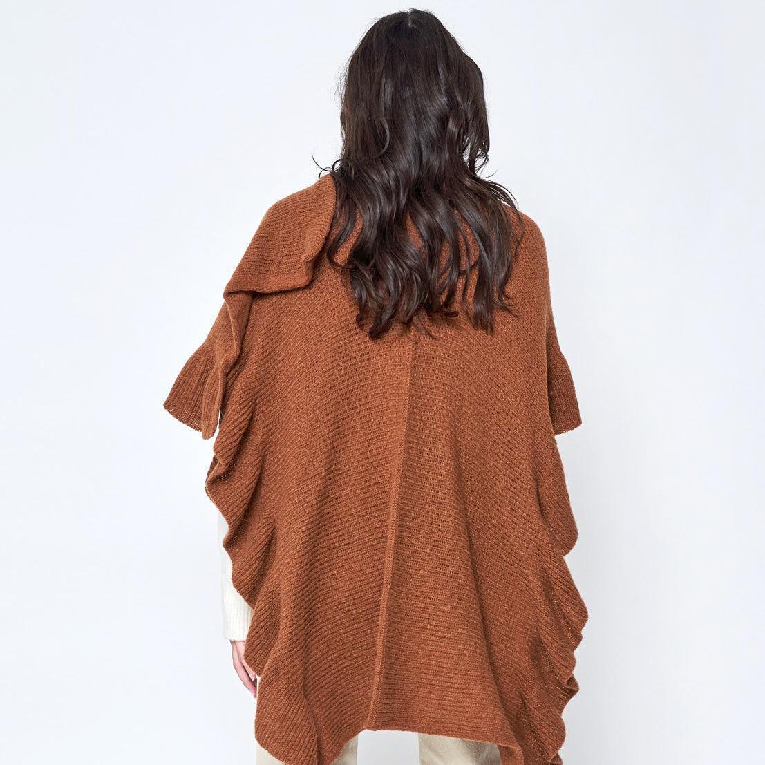 Brown Reversible Ruffle Sleeves Knit Ruana Poncho - Jewelry Store by Erik Rayo