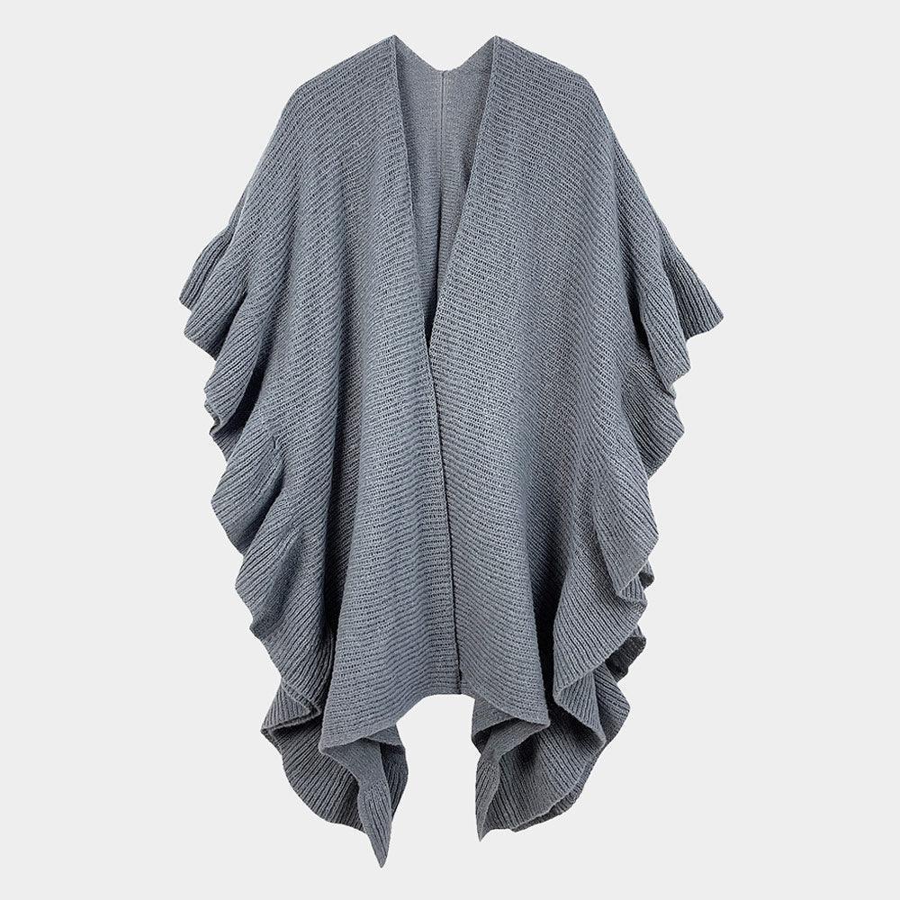 Gray Reversible Ruffle Sleeves Knit Ruana Poncho - Jewelry Store by Erik Rayo