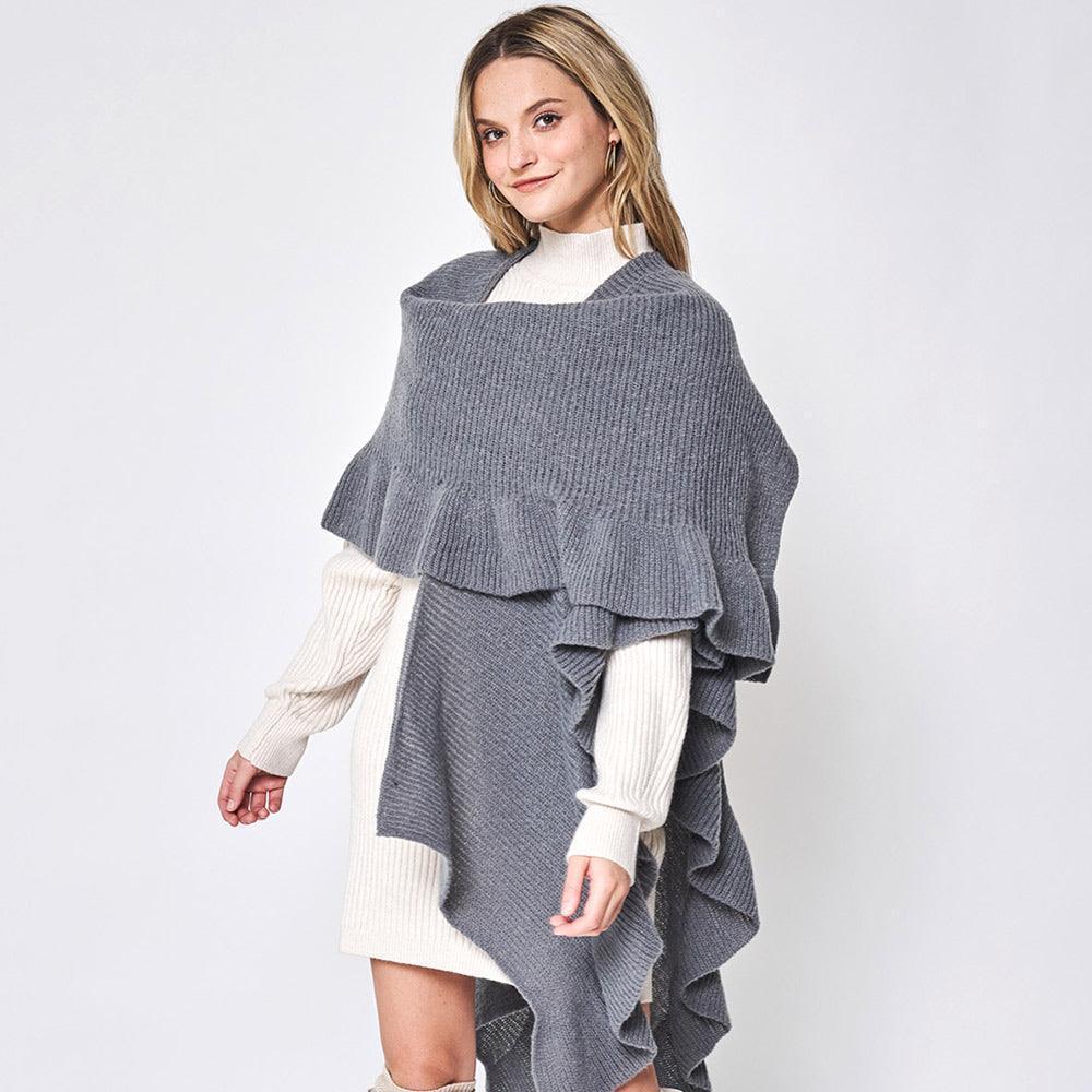 Gray Reversible Ruffle Sleeves Knit Ruana Poncho - Jewelry Store by Erik Rayo