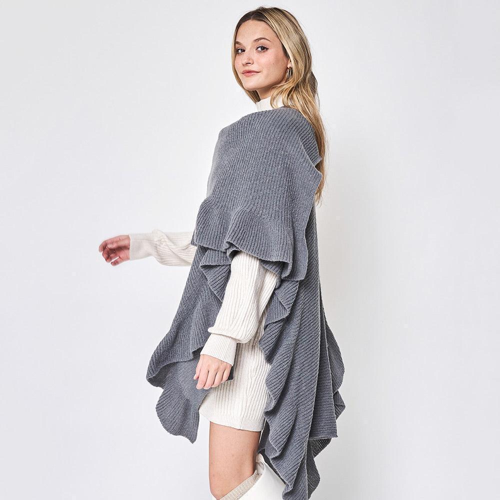 Gray Reversible Ruffle Sleeves Knit Ruana Poncho - Jewelry Store by Erik Rayo