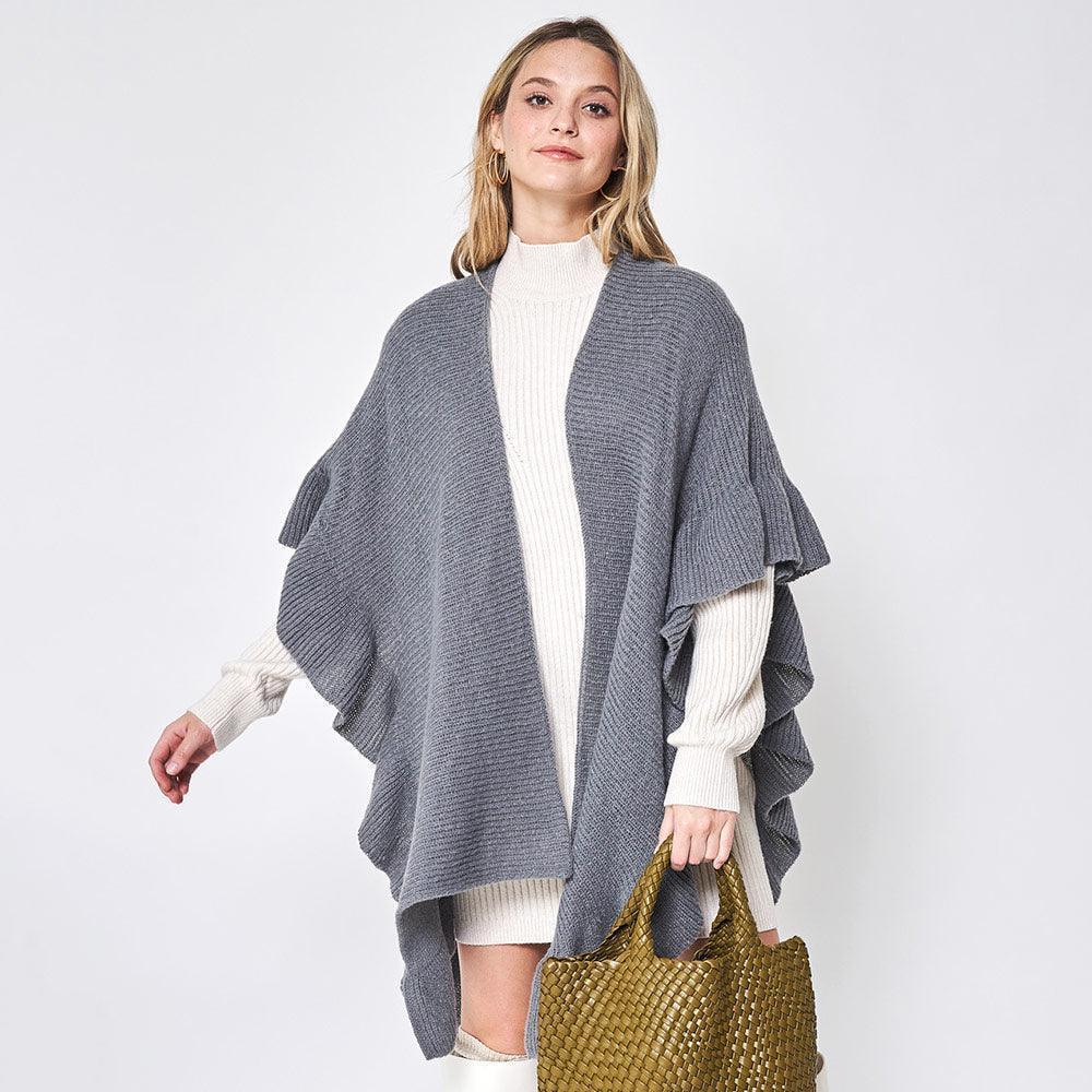 Gray Reversible Ruffle Sleeves Knit Ruana Poncho - Jewelry Store by Erik Rayo