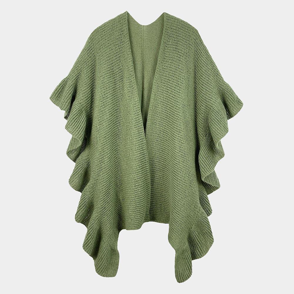 Olive Green Reversible Ruffle Sleeves Knit Ruana Poncho - Jewelry Store by Erik Rayo