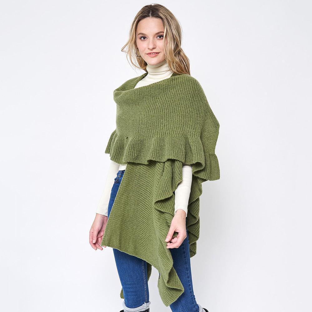 Olive Green Reversible Ruffle Sleeves Knit Ruana Poncho - Jewelry Store by Erik Rayo