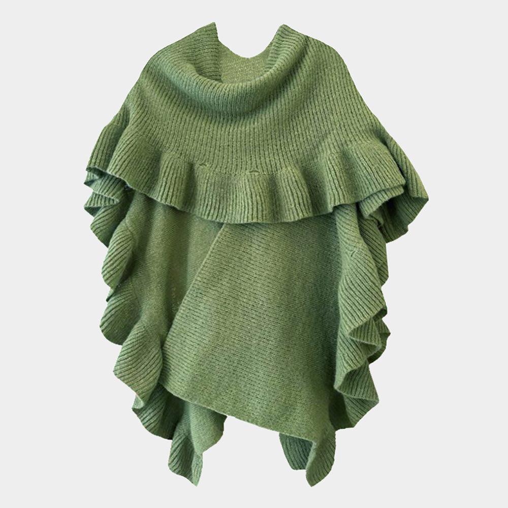 Olive Green Reversible Ruffle Sleeves Knit Ruana Poncho - Jewelry Store by Erik Rayo