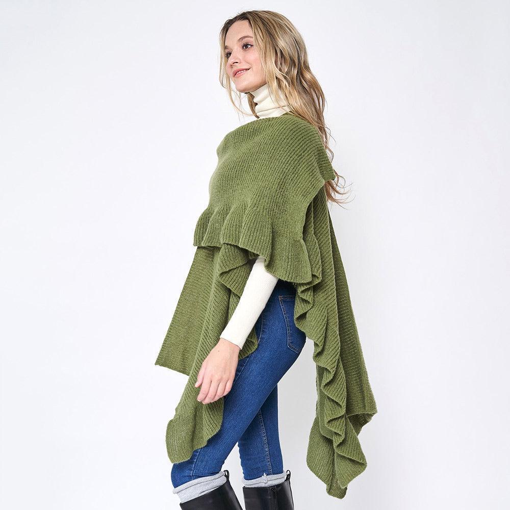 Olive Green Reversible Ruffle Sleeves Knit Ruana Poncho - Jewelry Store by Erik Rayo