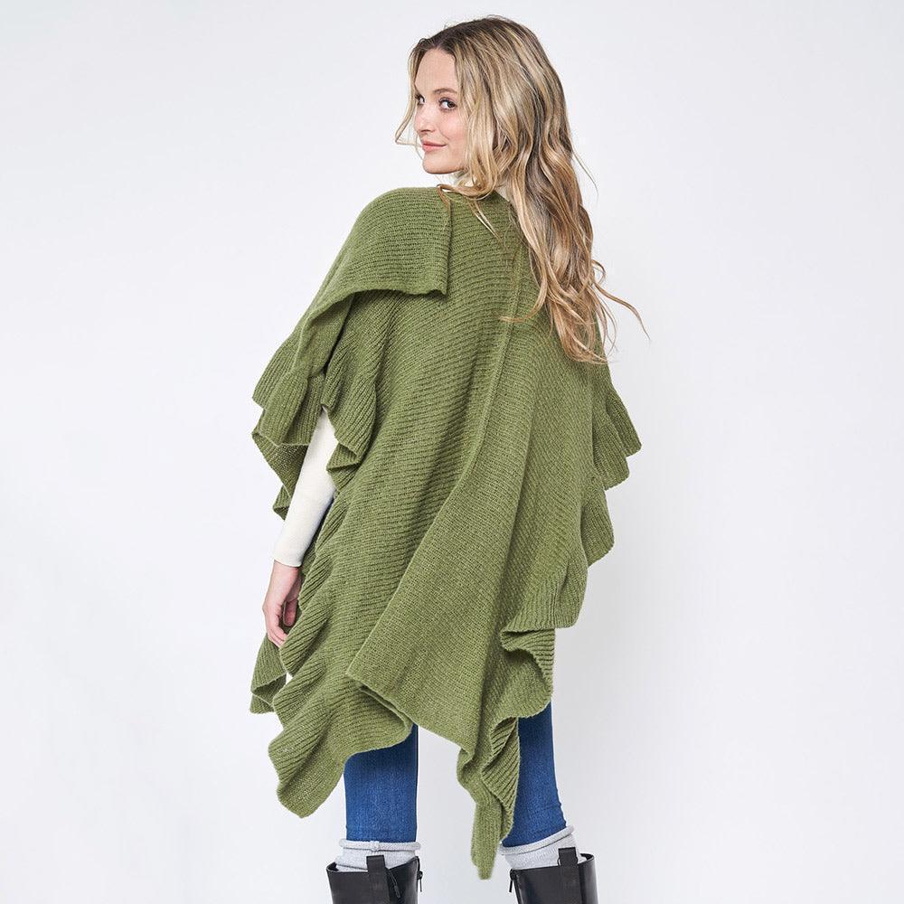 Olive Green Reversible Ruffle Sleeves Knit Ruana Poncho - Jewelry Store by Erik Rayo