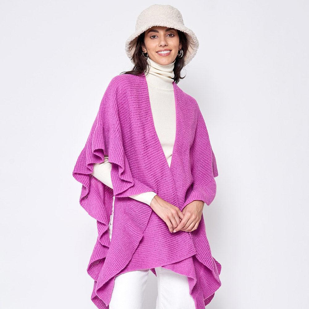 Pink Reversible Ruffle Sleeves Knit Ruana Poncho - Jewelry Store by Erik Rayo