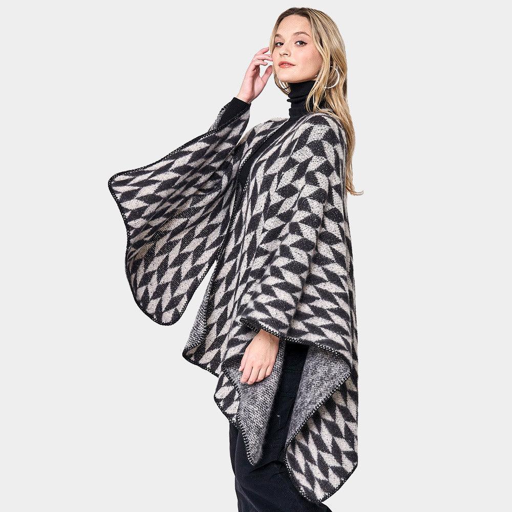 Black Geometric Patterned Knit Kimono Poncho - Jewelry Store by Erik Rayo