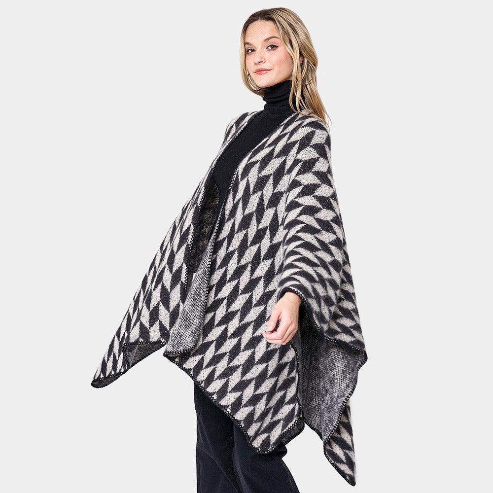 Black Geometric Patterned Knit Kimono Poncho - Jewelry Store by Erik Rayo