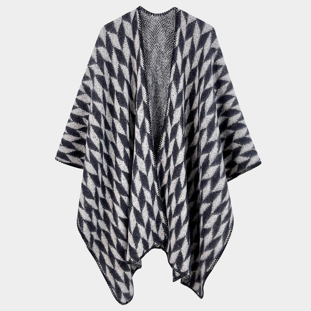 Black Geometric Patterned Knit Kimono Poncho - Jewelry Store by Erik Rayo
