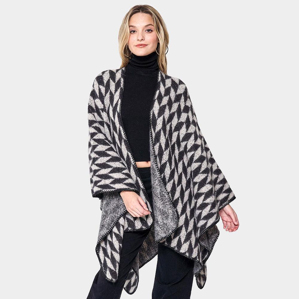 Black Geometric Patterned Knit Kimono Poncho - Jewelry Store by Erik Rayo