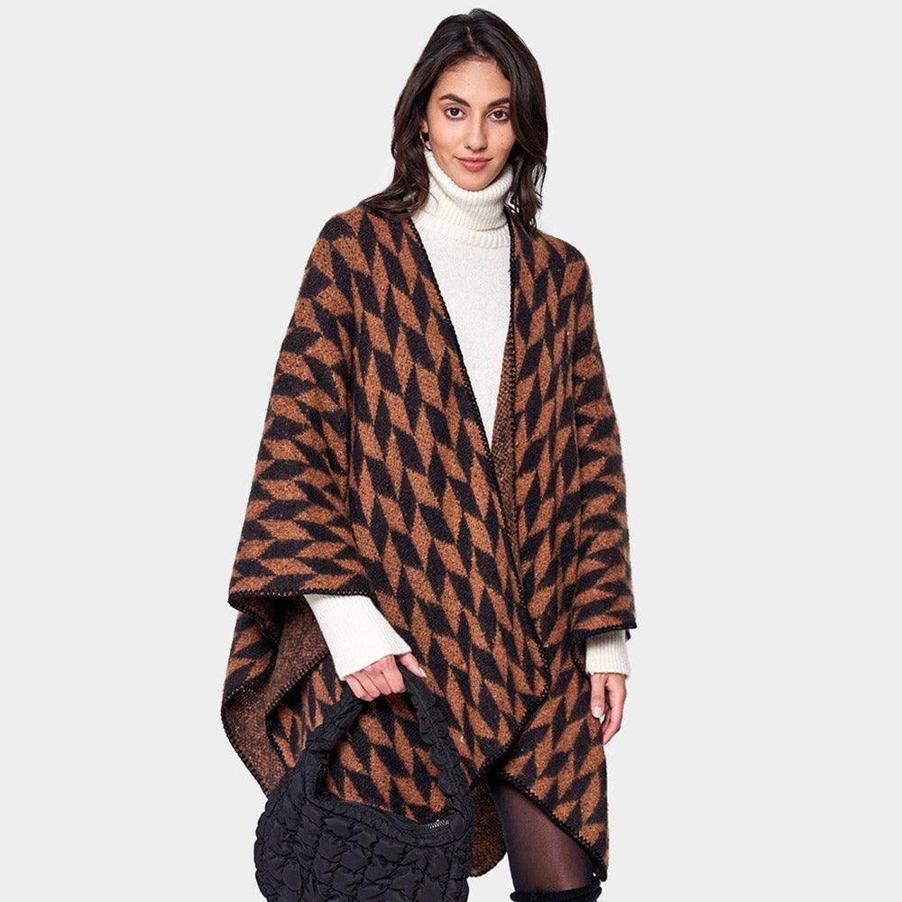 Brown Geometric Patterned Knit Kimono Poncho - Jewelry Store by Erik Rayo