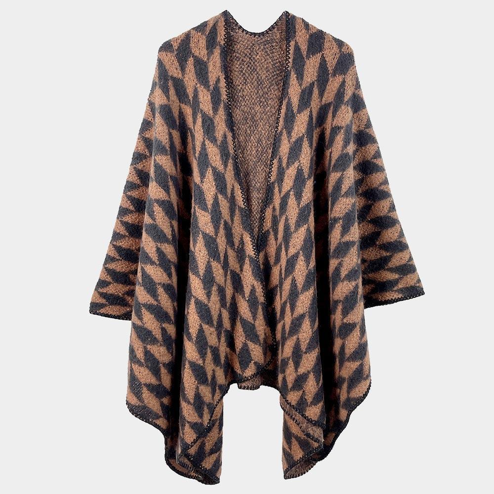 Brown Geometric Patterned Knit Kimono Poncho - Jewelry Store by Erik Rayo