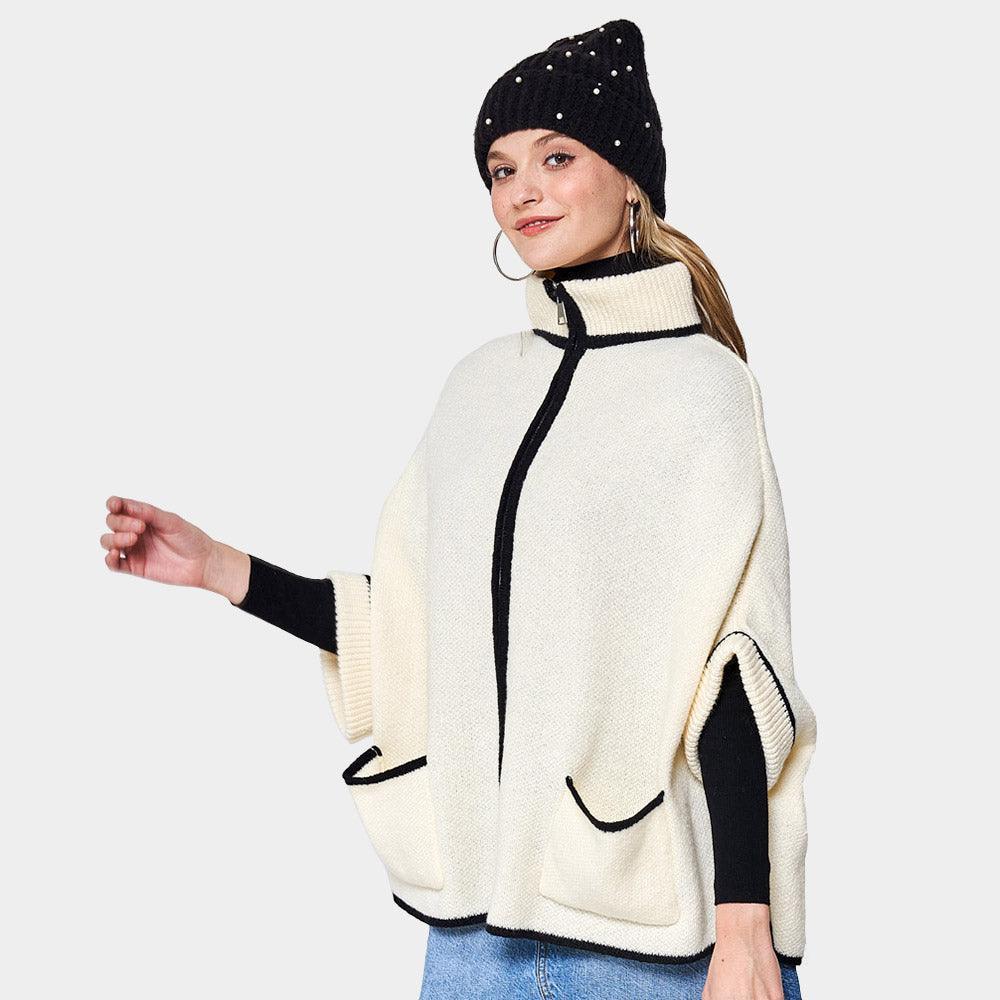 Ivory Bordered Front Pockets Zip Up Poncho - Jewelry Store by Erik Rayo