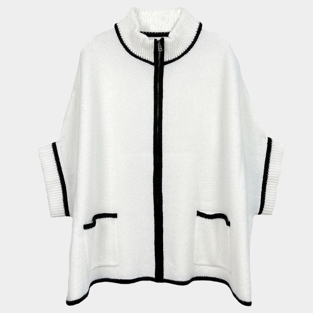 Ivory Bordered Front Pockets Zip Up Poncho - Jewelry Store by Erik Rayo