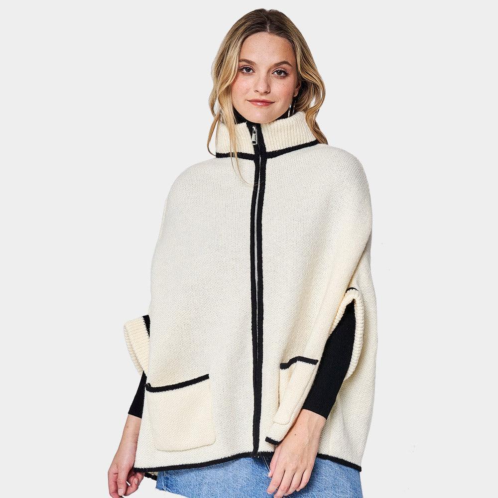 Ivory Bordered Front Pockets Zip Up Poncho - Jewelry Store by Erik Rayo