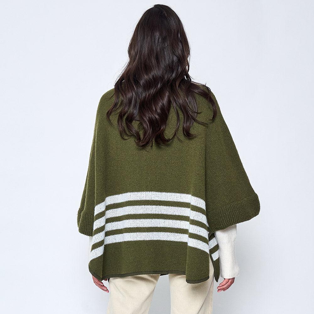 Olive Green Sporty Bordered Zip Up Knit Cape Poncho - Jewelry Store by Erik Rayo