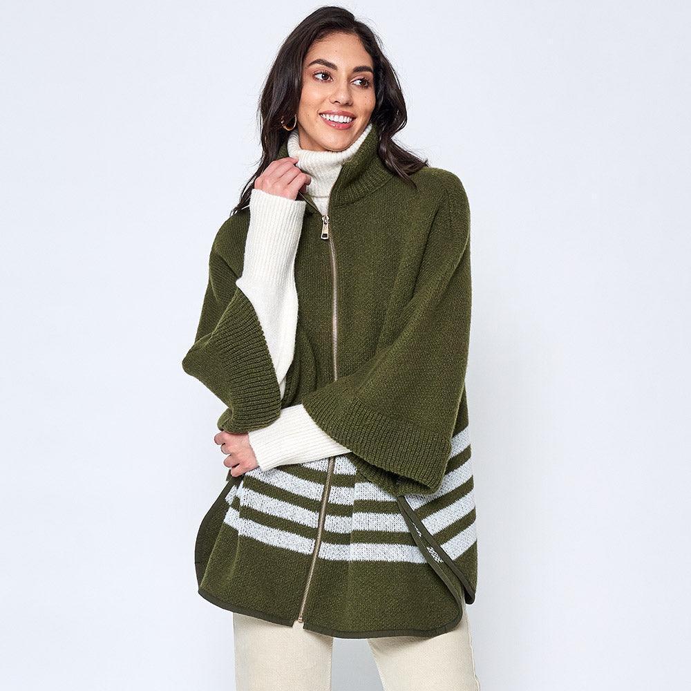 Olive Green Sporty Bordered Zip Up Knit Cape Poncho - Jewelry Store by Erik Rayo