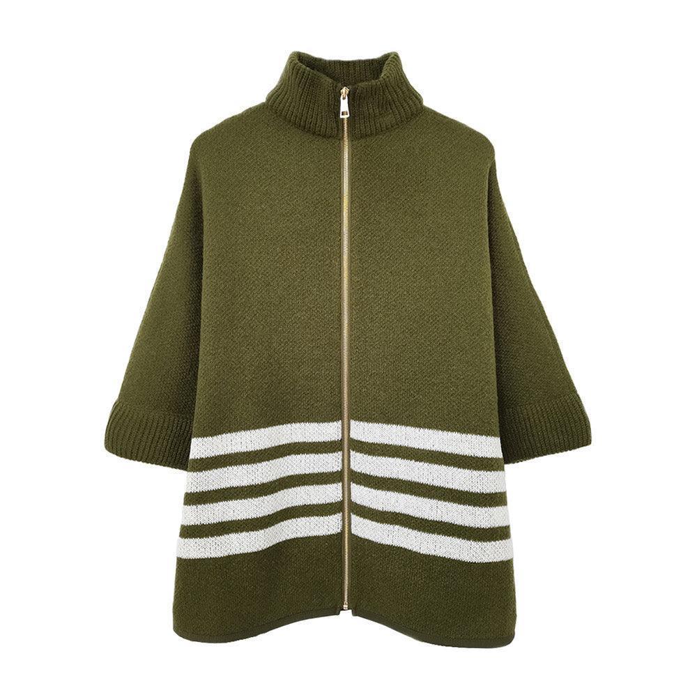 Olive Green Sporty Bordered Zip Up Knit Cape Poncho - Jewelry Store by Erik Rayo