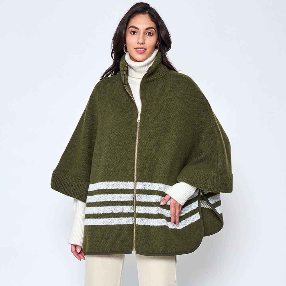 Olive Green Sporty Bordered Zip Up Knit Cape Poncho - Jewelry Store by Erik Rayo