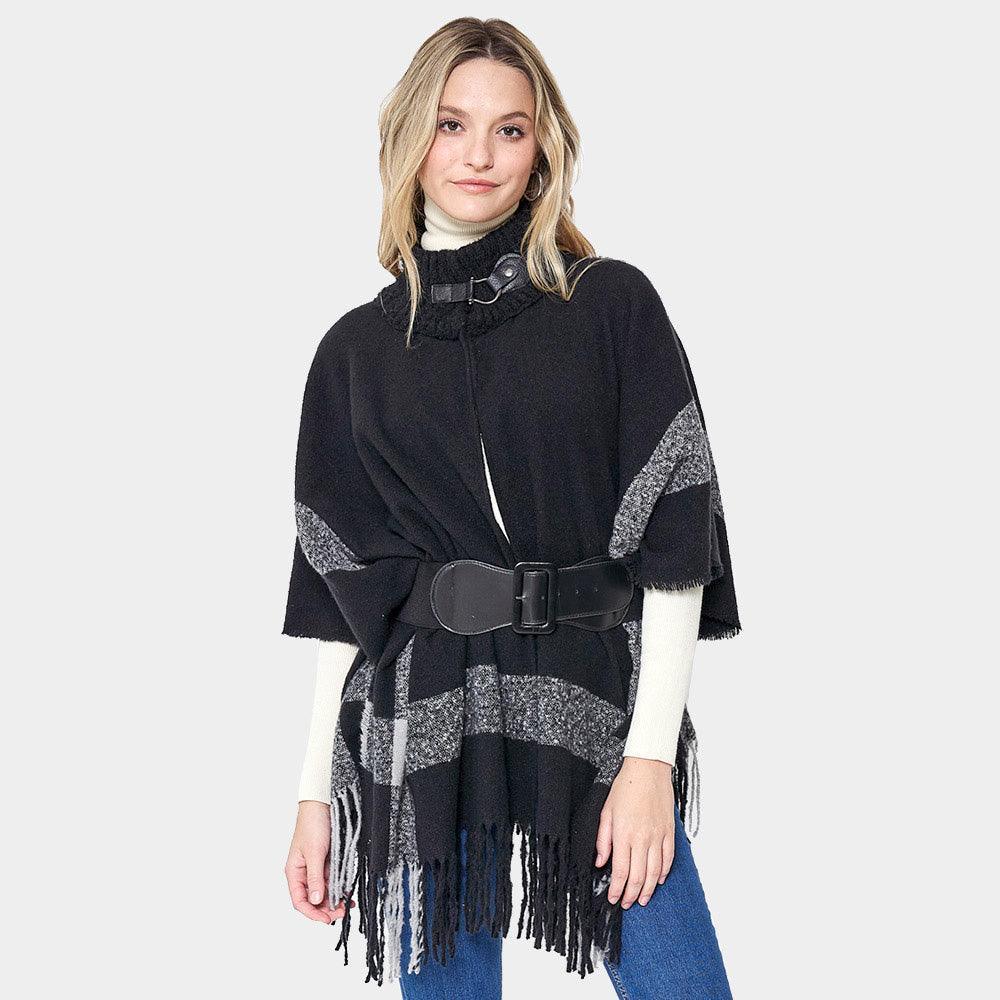Black Bordered Fringe Open Cape Ruana Poncho - Jewelry Store by Erik Rayo