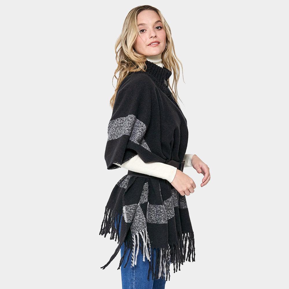 Black Bordered Fringe Open Cape Ruana Poncho - Jewelry Store by Erik Rayo