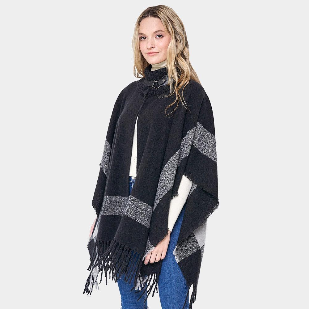 Black Bordered Fringe Open Cape Ruana Poncho - Jewelry Store by Erik Rayo