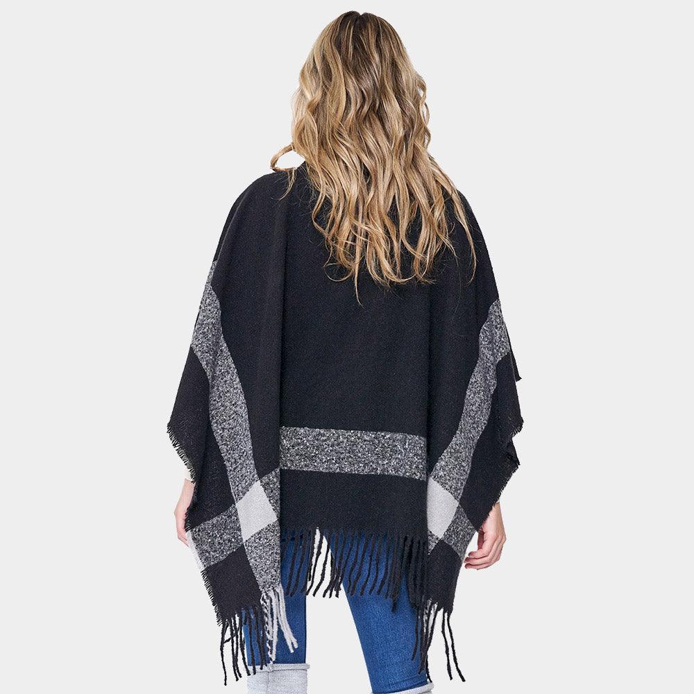 Black Bordered Fringe Open Cape Ruana Poncho - Jewelry Store by Erik Rayo