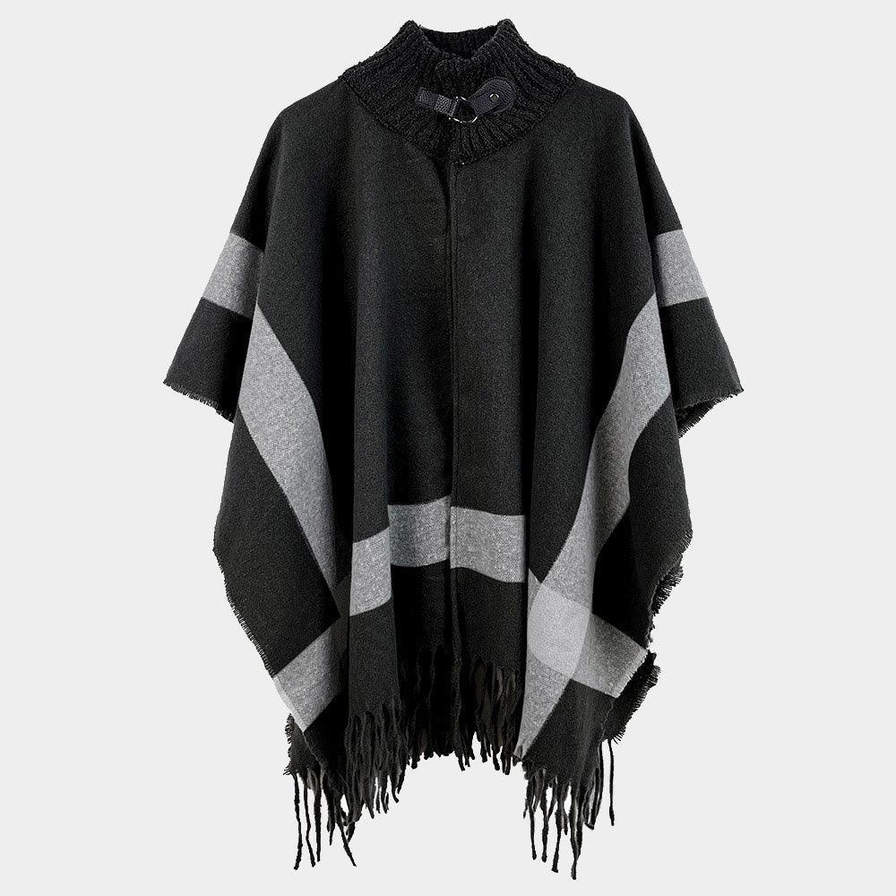 Black Bordered Fringe Open Cape Ruana Poncho - Jewelry Store by Erik Rayo