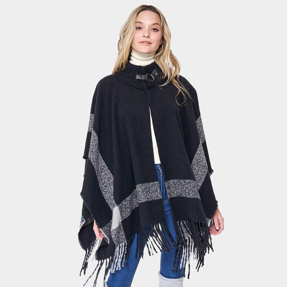 Black Bordered Fringe Open Cape Ruana Poncho - Jewelry Store by Erik Rayo