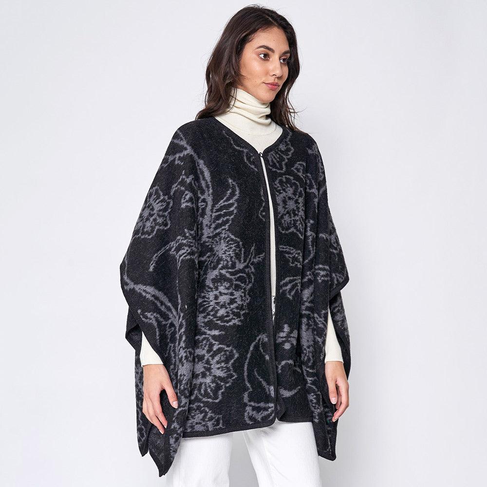 Black Floral Patterned Woven Ruana Poncho - Jewelry Store by Erik Rayo