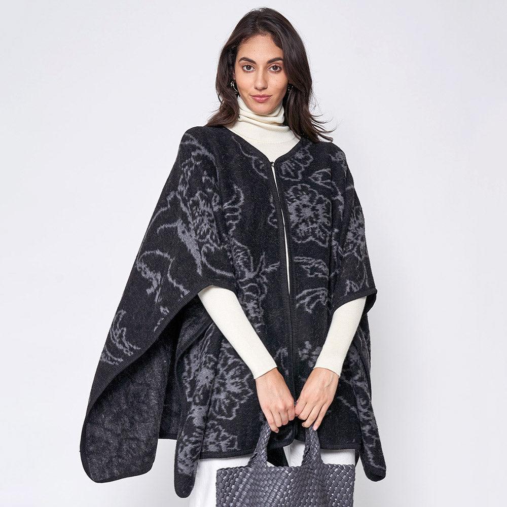 Black Floral Patterned Woven Ruana Poncho - Jewelry Store by Erik Rayo