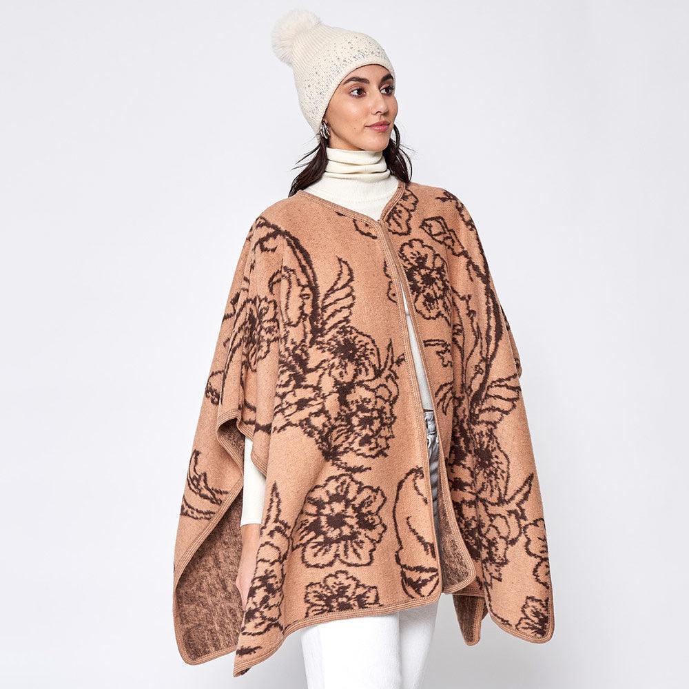 Camel Floral Patterned Woven Ruana Poncho - Jewelry Store by Erik Rayo