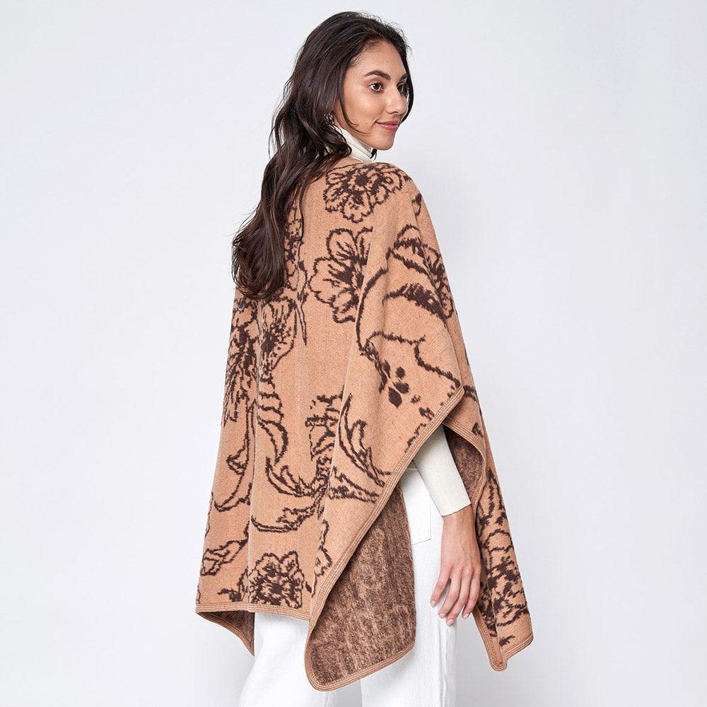 Camel Floral Patterned Woven Ruana Poncho - Jewelry Store by Erik Rayo