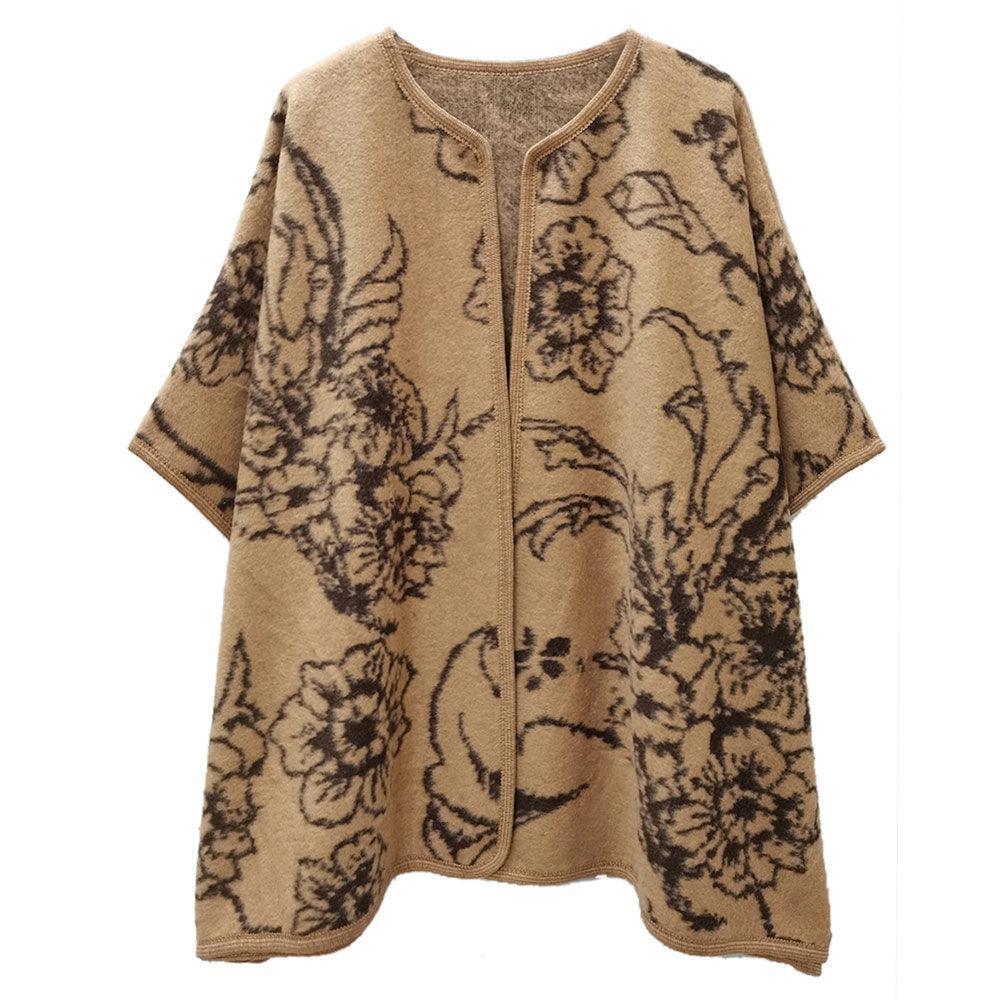 Camel Floral Patterned Woven Ruana Poncho - Jewelry Store by Erik Rayo