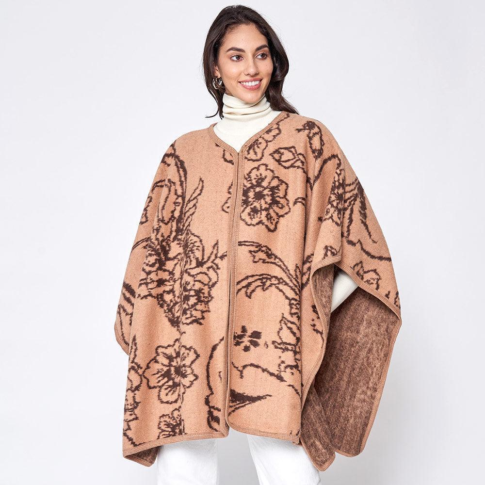 Camel Floral Patterned Woven Ruana Poncho - Jewelry Store by Erik Rayo