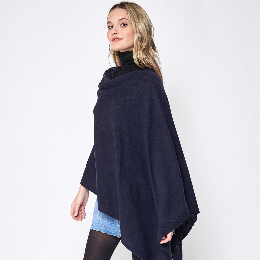 Navy Solid Scarf Poncho